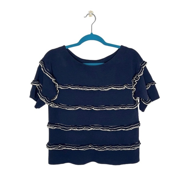 J Crew Navy Blue Ruffle Boatneck Short Sleeve Knit Sweater - Picture 1 of 11